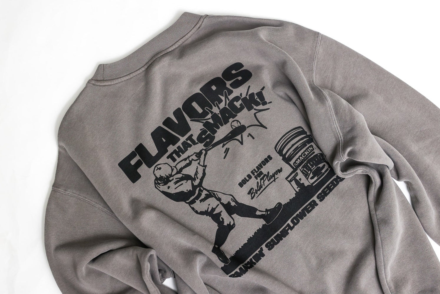 Gray sweatshirt with black graphic design on a white background screen print